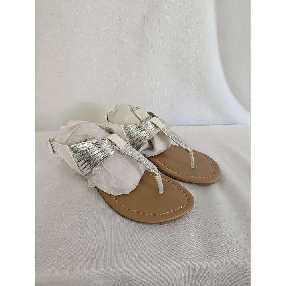Mia Kids Sandals Harlow While Silver Metallic Thong T-Strap‎ Flats Girls Youth 2